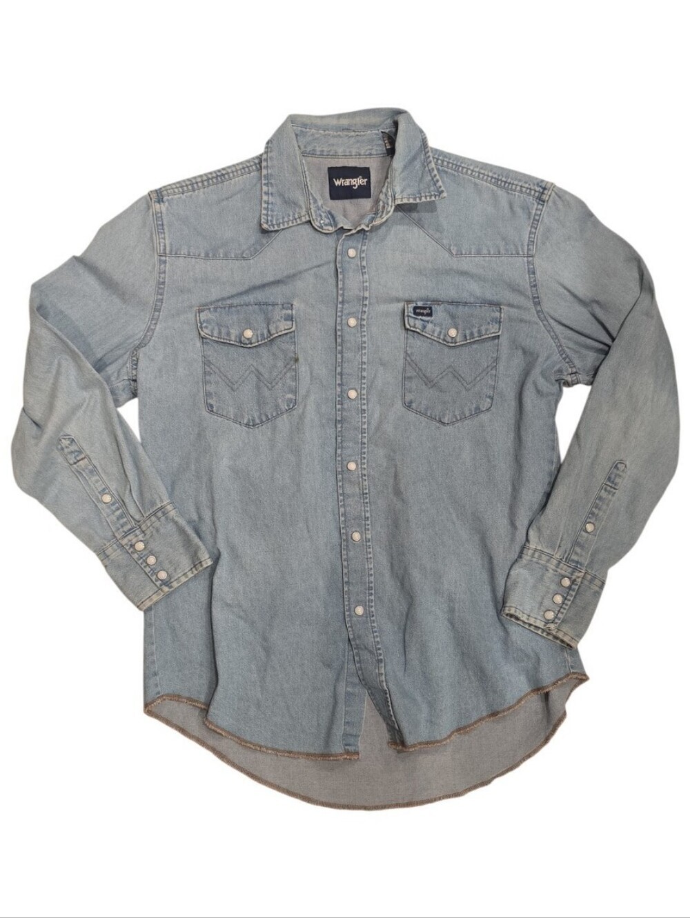 Denim Wrangler Western Shirt Snap Front Pockets Tuck in Cowboy Cut Lg Cotton